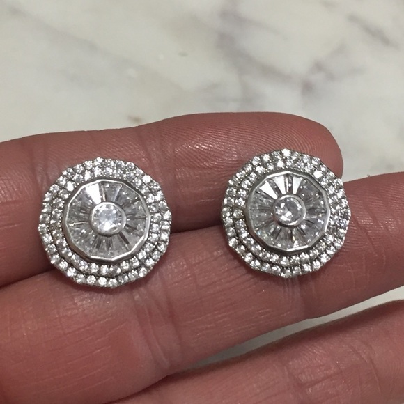 STERLING Silver & White CZ Brilliant Sparkly Mosaic Stud Earrings Bridal 16mm - Picture 4 of 9